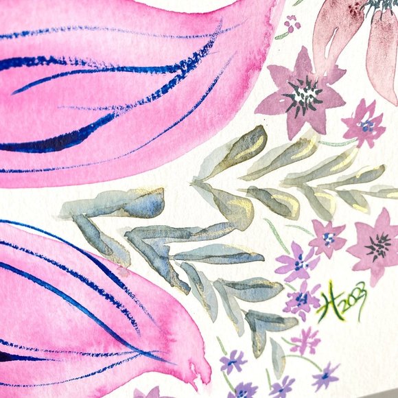 Happily Pink - Original Wall Art Handmade Watercolor Flower Artist Signed Painti - Picture 7 of 10